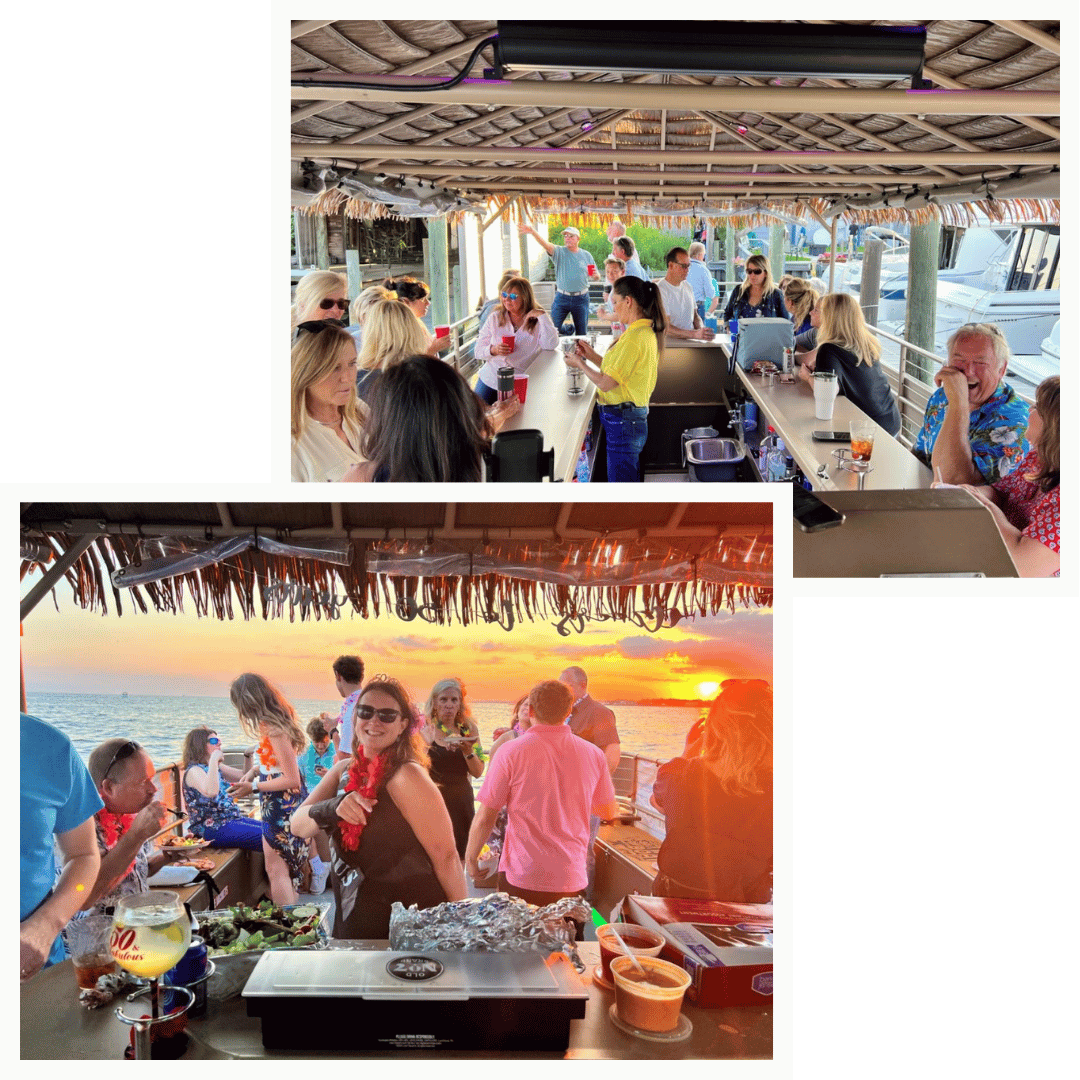 Tiki Boat Long Island party deck with guests and tropical decor